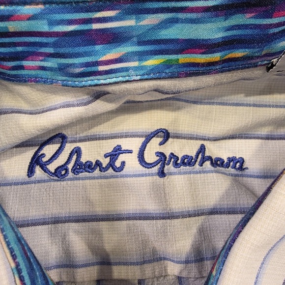 Robert Graham Shirt Mens Medium White Blue Striped Short Sleeve Button Up Cotton - Picture 6 of 15